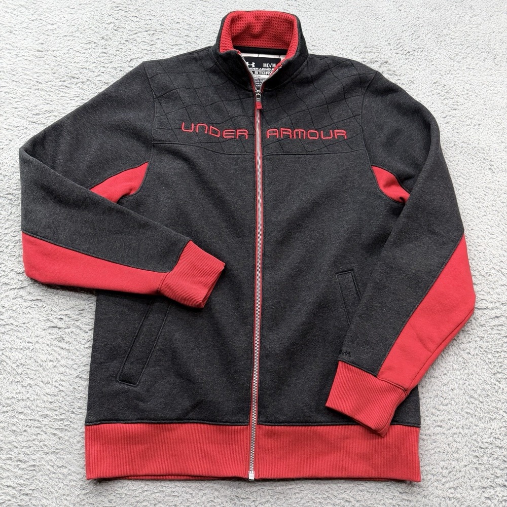 Under Armour Storm Full Zip Jacket Mens Medium Gray Red Mock Neck Cotton Poly UA